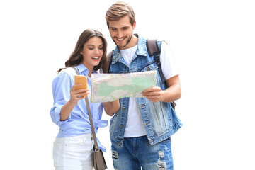 Beautiful young couple holding a map and smiling while standing on a transparent background