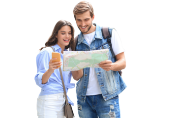 Beautiful young couple holding a map and smiling while standing on a transparent background