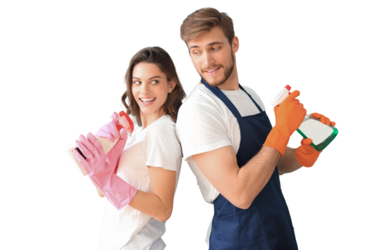 Young happy couple is having fun while doing cleaning at home on a transparent background