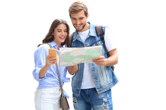 Beautiful young couple holding a map and smiling while standing on a transparent background