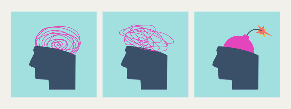 Silhouette of a human head with a tangle of confused thoughts or with a bomb inside. Mental health concept. Depression, psychological disorder, stress, anxiety. Set of vector isolated illustrations.