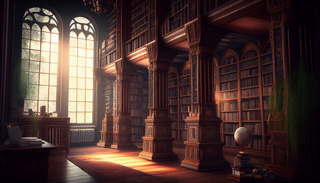 Old library or bookshop with many books on shelves, photo realistic Ai generated image