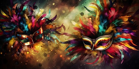 Multicolored masks for masquerade, holiday background. Generative ai.