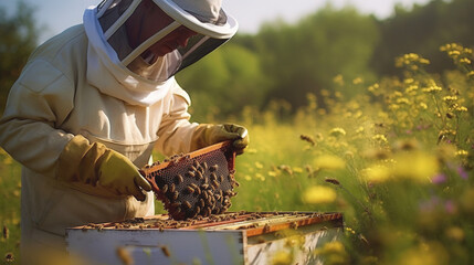 beekeeper collects honey. The process of collecting honey in the apiary. AI generated	 - obrazy, fototapety, plakaty