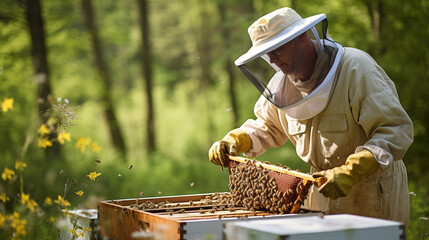 beekeeper collects honey. The process of collecting honey in the apiary. AI generated	