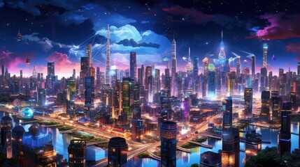 Sprawling megacity skyline at night, with towering skyscrapers, holographic billboards, and an intricate network of flying vehicles