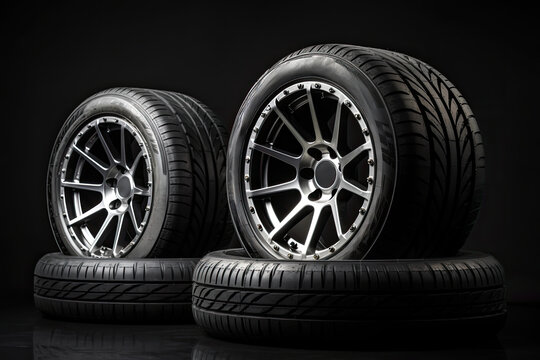 New tires and wheels for a car on a black background. Generative ai.