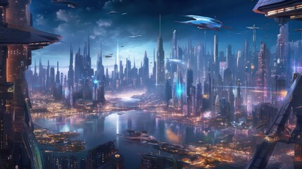 Fototapeta premium Sprawling megacity skyline at night, with towering skyscrapers, holographic billboards, and an intricate network of flying vehicles