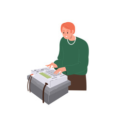 Young man talented musician character playing turntable dj mixing console vector illustration