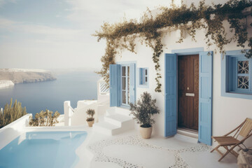 Mediterranean style white elegant house exterior with sea view, blue door and blooming plant climbing a wall. Modern greek architecture. Traditional villa of Santorini. Generative AI, human enhanced