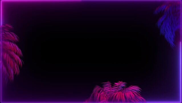 This stock motion graphic shows a frame of glowing neon palm trees and racing lights with space for titles, text or logos on alpha channel background in a seamless loop.