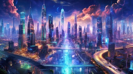 Sprawling megacity skyline at night, with towering skyscrapers, holographic billboards, and an intricate network of flying vehicles
