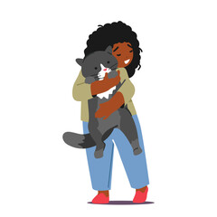 Child Character Happily Cuddling Beloved Cat, Experiencing Joy And Comfort Of Pet Ownership, Cartoon Vector Illustration