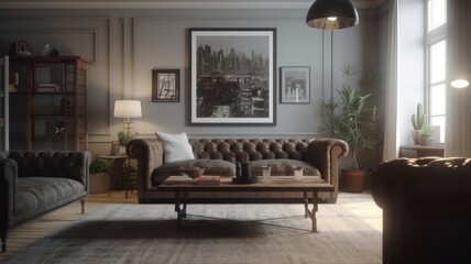 Modern classic living room. Grey wall with posters, leather chester sofa, wooden coffee table, wooden floor, carpet, plants in floor pots, grey curtains on the window. Mockup, 3D Generative AI
