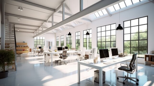 Modern loft open space office with panoramic windows and skylights. Concrete floor, white walls, ceiling with beams, large tables, comfortable chairs, desktop computers, plants in tubs. Generative AI