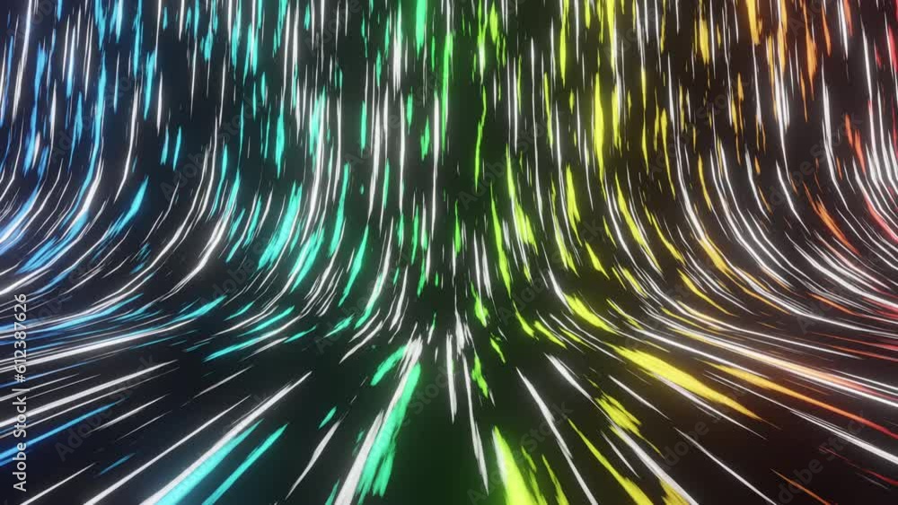 Poster Light and stripes moving fast over dark background. Abstract colorful background with bright neon rays and glowing lines. Speed of light running. Seamless loop animation. Technology. 3d animation