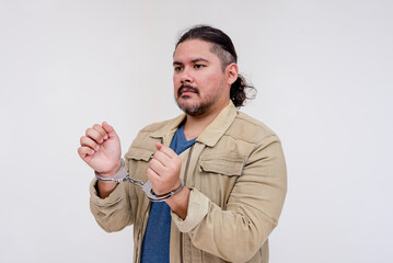 45 degree view of a man with long tied hair and in a jacket detained and handcuffed. Isolated on a white background.