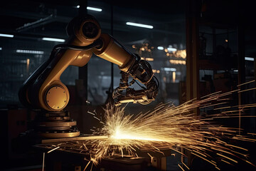 Generative AI illustration of robotic arm welding with glowing light in empty dark room in industrial building of factory