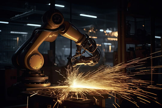 Generative AI illustration of robotic arm welding with glowing light in empty dark room in industrial building of factory