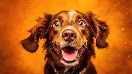 portrait of shocked happy dog, unexpected gift, surprise, discounts, copy space for text, plain background. generated ai.