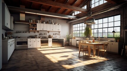 Spacious loft style kitchen with dining area. White facades, open shelves, modern kitchen appliances, a wooden dining table with chairs, wooden floor, green plants, panoramic windows Generative AI