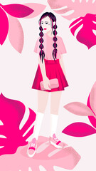 the one isloated flat fashionable asian girl with two braids in pink clothes