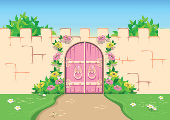 The door to the beautiful pink castle of the beautiful princess is decorated with heart-shaped jewels, windows and beautiful flower beds. Vector illustration of fairy tale architecture close-up isolat © liana2012
