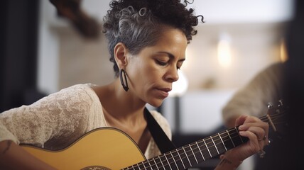 Music Therapist Female Hispanic Mature Using music to help clients manage physical, emotional, and mental issues in Therapy room. Generative AI AIG22.