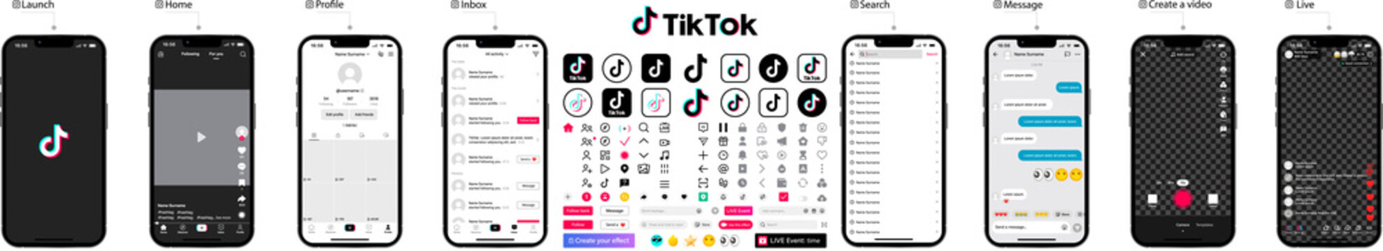 Social media network by Tik Tok. Mobile app tile template. User profile, news, notifications. 