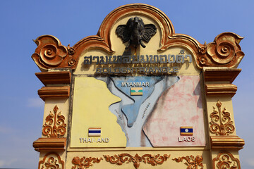 Golden Triangle sign on Mekong river between three countries: Thailand, Myanmar and Laos.	