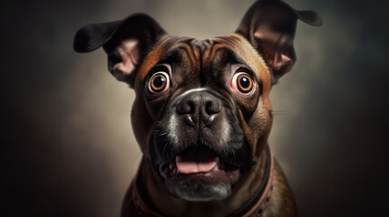 portrait of shocked dog, unexpected gift, surprise, discounts, copy space for text, plain background. French Bulldog generated ai.