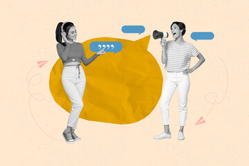 Promoters collage illustration two women speech loudspeaker new promo proposition quotes listen...