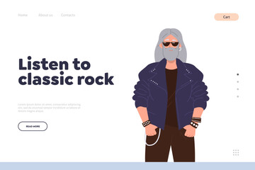 Listen to classic rock landing page design template performing rock-end-roll music concert - obrazy, fototapety, plakaty