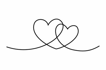 Heart continuous one line drawing, Double heart hand drawn, Black and white vector minimalist illustration of love concept made of one line.

