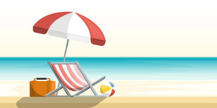 Scene cartoon sea beach, Sun lounger with plastic ball, bag, umbrella on sand beach, Vector illustration.