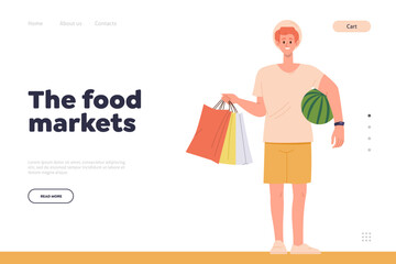 Food market landing page design template with happy male customer character holding purchases