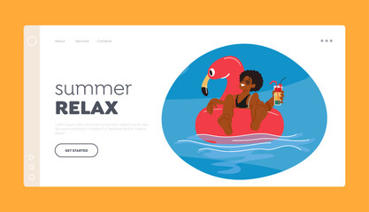 Oceanic Energy Landing Page Template. Relaxed Man Enjoying A Refreshing Cocktail While Floating On An Inflatable Ring