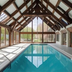 Indoor swimming pool in a luxury home. Fully glazed room with wooden frame. Stunning views of the garden or private park. Generative AI