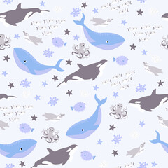 Vector seamless pattern with fish,penguin,whale,killer whale, octopus.Underwater cartoon creatures.Marine background.Cute ocean pattern for fabric, childrens clothing,textiles,wrapping paper