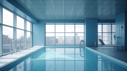 Indoor swimming pool in a luxury urban high-rise building. White tiled walls and floors, comfortable loungers, stunning views of the city. Generative AI