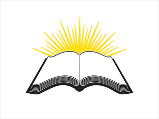 Open book with blank pages and rays of light behind. Open bible with sun rays beaming behind. Knowledge is key. Read a book icon. Bible study logo