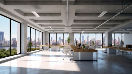 Loft-style hi-tech open space office with floor-to-ceiling windows and city view. Light-colored concrete walls and floors, large tables, comfortable chairs, desktop computers, plants in Generative AI