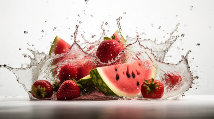 Close up shot of watermelon and berries with a splash of clear water - obrazy, fototapety, plakaty
