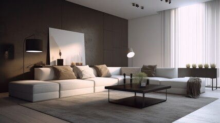 Fototapeta premium Modern minimalist monochrome living room. Grey wall with big poster, large corner sofa, grey carpet, black square coffee table, floor lamps, large window with white curtains. Mockup, 3D Generative AI