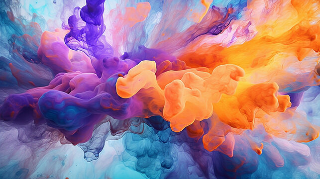 カラフルなバイオレット、オレンジ、ブルーのマーブルスプラッシュのインクの抽象的なテクスチャの背景GenerativeAI