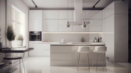 Modern minimalist white kitchen with dining area. White glossy floors, white cabinets, kitchen island with white bar stools, green plants in pots. 3D rendering. Generative AI