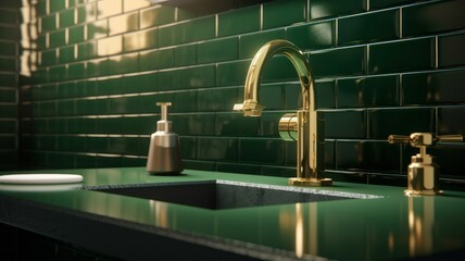 Fragment of a stylish modern luxury bathroom. Quartz stone countertop with integrated sink, golden faucet and soap dispenser, green tile walls. Generative AI
