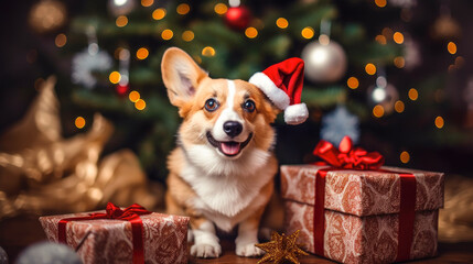 The dog celebrates Christmas at home, in the apartment, against the background of a Christmas tree with boxes of gifts. Corgi looking at the camera generated ai.