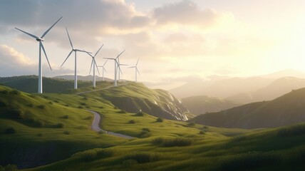 Wind turbines on the green hills against the colorful sunset sky. Production of renewable green energy. Sustainable development concept. Mock up, 3D rendering. Generative AI