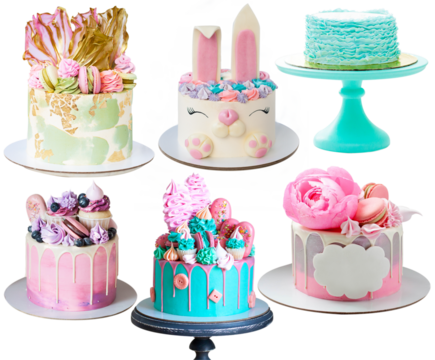 Set of pink and green cakes isolated on white background. Cakes with teddy bear, edible flowers, unicorn, marshmallow, fondant ruffles and macarons